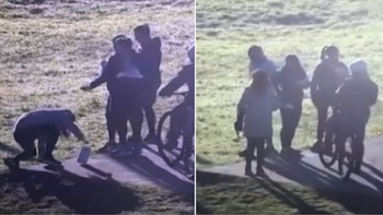 Dos tomas de cámara de seguridad que muestran siluetas de personas reunidas en un camino junto a césped y una bicicleta