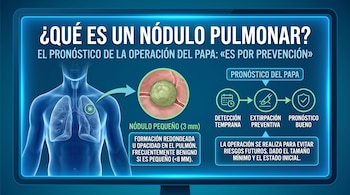 Ilustración médica de un torso humano con pulmones, un círculo con la ampliación de un nódulo y un diagrama sobre una operación.
