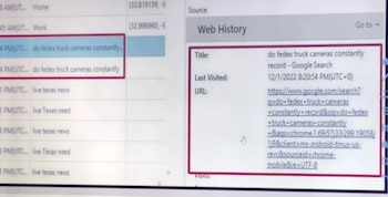 Captura de pantalla de un monitor de ordenador que muestra el historial de navegación web con búsquedas de cámaras de camiones FedEx y noticias de Texas
