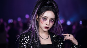 Una mujer con cabello negro y morado, chaqueta de lentejuelas, maquillaje de ojos morado y una herida falsa en la mejilla sobre un fondo oscuro.