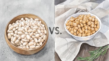 Un cuenco de madera lleno de alubias blancas y un tazón cerámico con garbanzos, separados por las letras VS.