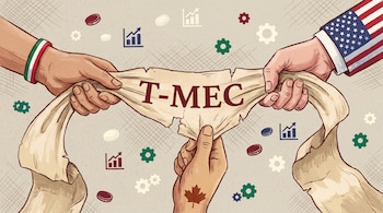 Tres manos (con símbolos de México, EE.UU. y Canadá) estiran un pergamino con "T-MEC" que se desgarra, sobre un fondo con íconos económicos.