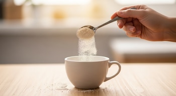 Primer plano de una mano sosteniendo una cuchara que vierte un polvo granulado en una taza blanca llena de líquido sobre una mesa de madera clara.