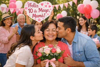 Una mujer de mediana edad con los ojos cerrados sonríe mientras un hombre y una mujer joven la besan en las mejillas. Sostiene un ramo de rosas, con una familia celebrando detrás.