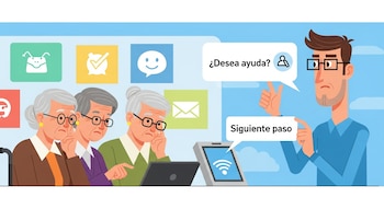 Ilustración plana: Tres adultos mayores miran un dispositivo digital. Álex Herrero les ofrece ayuda con globos de diálogo. Fondo con grandes iconos digitales.