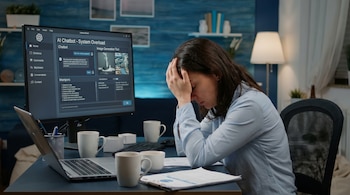 Mujer con blusa azul claro, manos en la cabeza, sentada en un escritorio frente a un monitor con un chatbot de IA. Hay un portátil y tazas de café.