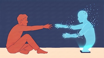 Una persona vestida de naranja sentada en el suelo extiende sus manos hacia una figura azul y pixelada que sale de un teléfono inteligente.