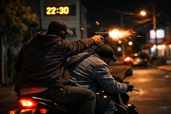 Dos hombres con gorras y ropa casual en una motocicleta, el pasajero dispara una pistola con destello y cartuchos eyectados, a las 22:30 horas.