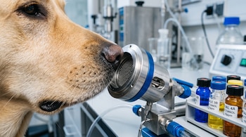 Hocico de un perro labrador junto a una boquilla metálica de muestreo y frascos de cristal con sustancias en un laboratorio.