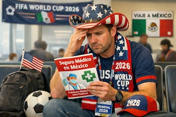 Hombre con sombrero y bufanda de EE.UU. lee folleto "Seguro Médico en México". Mochila, balón de fútbol y bandera estadounidense visible a su lado.