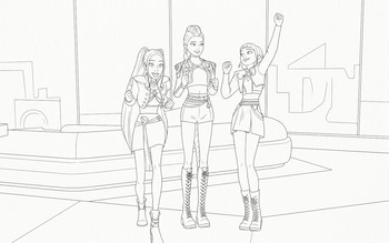 Dibujo en blanco y negro de tres jóvenes con trajes modernos y puños en alto dentro de una habitación con un sofá y ventanales