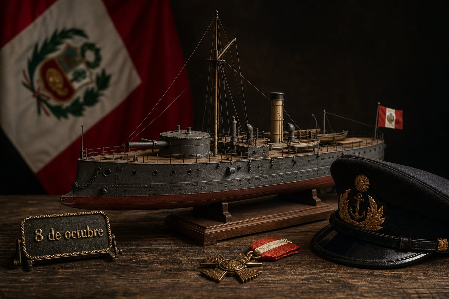 Una maqueta del monitor Huáscar se exhibe junto a una gorra naval, una medalla y una placa del 8 de octubre en conmemoración de la Marina de Guerra del Perú. (Imagen Ilustrativa Infobae)