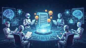 Siete robots humanoides blancos sentados en una mesa redonda futurista con un documento holográfico central y emojis flotantes. Pantallas digitales muestran cerebros y datos moleculares.