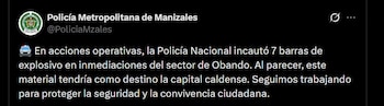 La Policía Metropolitana de Manizales intensificará los operativos en los corredores viales con apoyo del Ejército Nacional y otros organismos de seguridad - crédito @PoliciaMzales / X