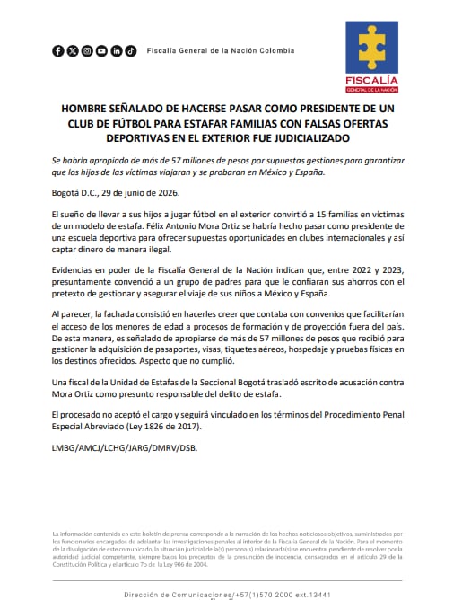 Una fiscal de la Seccional Bogotá trasladó escrito de acusación contra Mora Ortiz como presunto responsable del delito de estafa - crédito Fiscalía General de la Nación