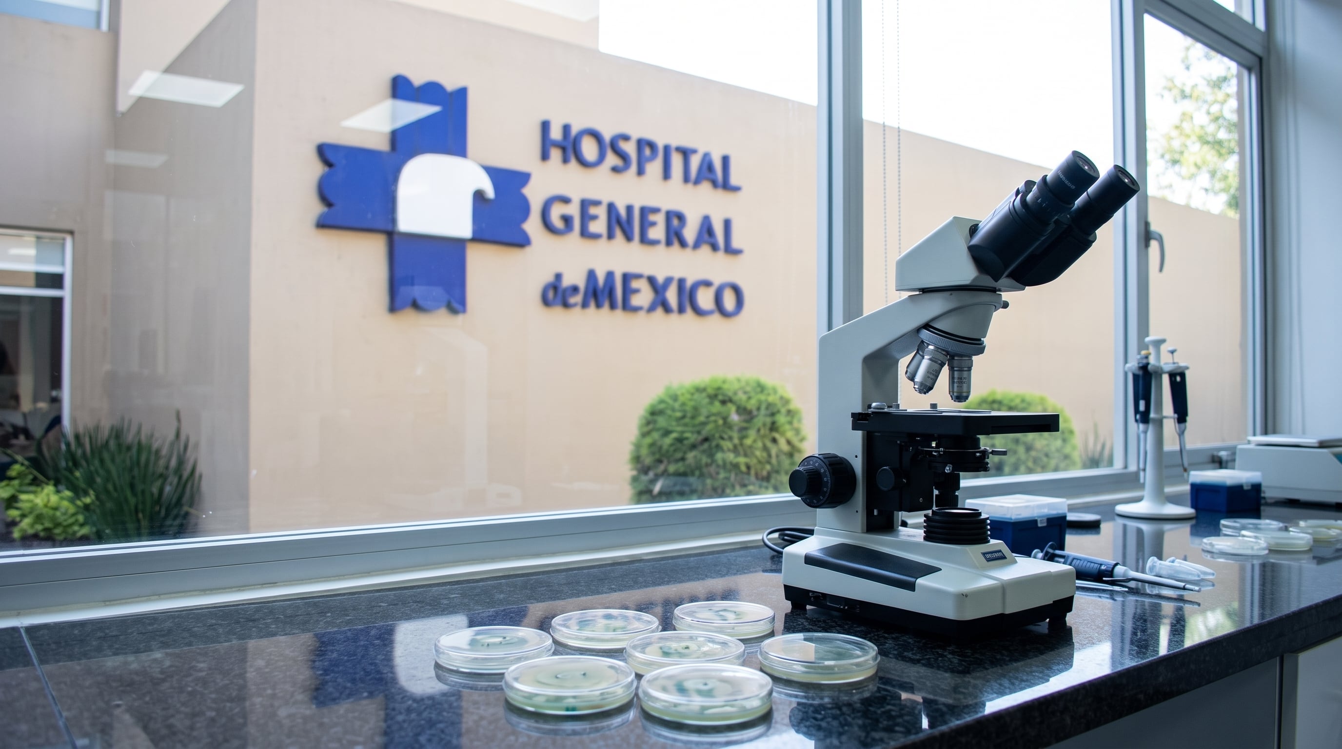 Un microscopio y cajas de Petri con cultivos bacteriológicos se ubican en un laboratorio con vista a la fachada del Hospital General de México. (Imagen Ilustrativa Infobae)