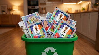 Una caneca de reciclaje verde llena de sobres y láminas del álbum Panini FIFA World Cup 2026, con el logo de la copa. Se ve un interior de casa borroso al fondo.