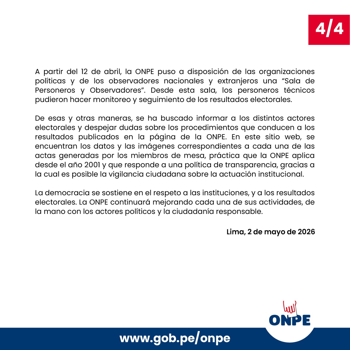 Este comunicado de la ONPE detalla las acciones realizadas para asegurar la transparencia y confiabilidad del sistema de cómputo de resultados de las Elecciones Generales de 2026, incluyendo la apertura a personeros y observadores.