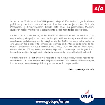 Texto de un comunicado oficial de la ONPE sobre la transparencia del sistema de resultados electorales de 2026, con el logo de la institución y su URL