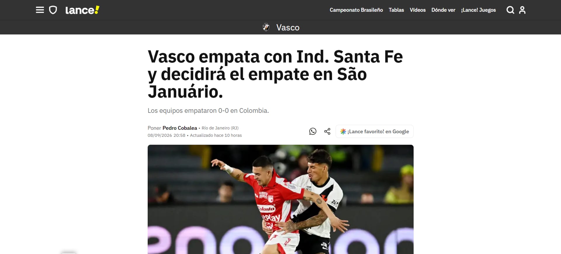 El diario brasileño destacó el empate del Vasco en los 2.600 metros de altura de Bogotá-crédito Lance