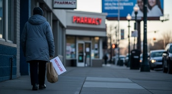 Persona de espaldas caminando en una acera, porta una bolsa de papel y un sobre con el logo Medicare. Al fondo, farmacia y cartel publicitario difuso.