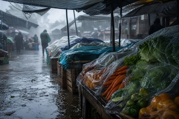 Puestos de frutas y verduras cubiertos con plásticos bajo la lluvia en un mercado con charcos en el suelo y personas al fondo.