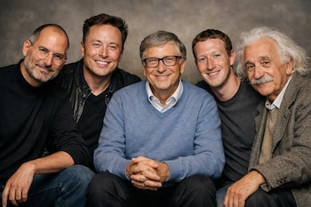 Retrato de grupo de cinco hombres sonriendo a la cámara: Steve Jobs con gafas, Elon Musk, Bill Gates con suéter azul, Mark Zuckerberg y Albert Einstein.