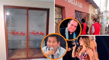 Fachada y puerta de oficina de La Bella Luz, dos retratos de hombres en círculos y una cantante femenina con micrófono en un escenario.