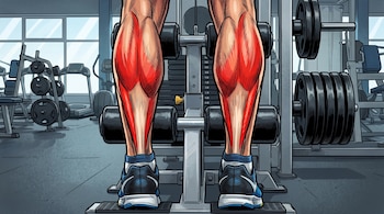 Piernas musculosas en máquina de levantamiento de pantorrillas con zapatillas deportivas. Músculos de la pantorrilla rojos expuestos. Equipo de gimnasio de fondo.