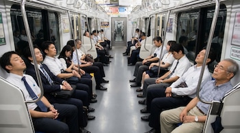 Varios pasajeros japoneses, la mayoría vestidos de traje o ropa de oficina, duermen sentados dentro de un vagón de metro.