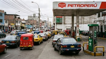 Una fila de automóviles y mototaxis frente a una estación de servicio con el letrero de Petroperú y surtidores de combustible.