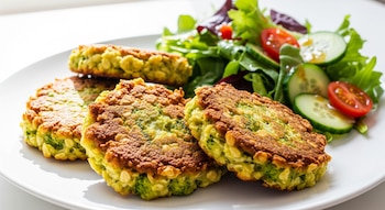 Primer plano de tortitas doradas de brócoli y avena en un plato blanco, con fondo luminoso y una ensalada fresca de acompañamiento visible.