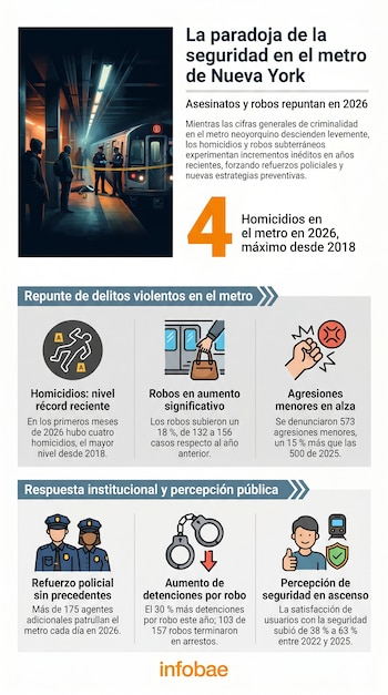 Ilustración de una estación de metro oscura donde dos policías examinan un cuerpo cubierto en el andén, rodeado por cinta amarilla de precaución.