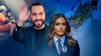 Imagen compuesta. Hombre de barba sonríe y saluda, mujer de traje y corbata, rescatistas en escombros, militares bajando escaleras de avión, bandera de El Salvador