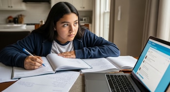 Joven estudiante sentada en una mesa con bolígrafo, cuaderno abierto, libros, notas manuscritas y una laptop con interfaz de chat de inteligencia artificial.