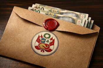Sobre marrón con sello rojo, parcialmente abierto, muestra billetes de cien soles peruanos y el escudo del Congreso de la República del Perú sobre madera oscura.