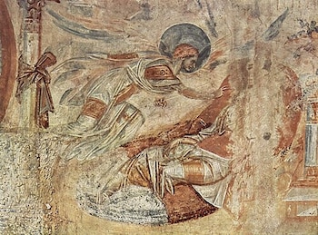 Pintura mural con una figura alada que porta un halo y se inclina hacia una persona recostada entre columnas y elementos arquitectónicos