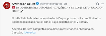 La revelación del medio de comunicación partidario América En La Red sobre Dylan Borrero y su situación contractual con el club - crédito @americaenlared/X