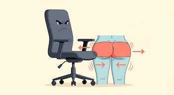 Ilustración de una silla de oficina gris con cara de enojo aplastando glúteos estilizados de color coral sobre piernas azules, con flechas y líneas de presión. Fondo crema.