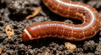 Primer plano macro de una lombriz rojiza marrón con un anillo blanco en el cuerpo, sobre tierra oscura y húmeda, mostrando textura segmentada y detalles de su cabeza.