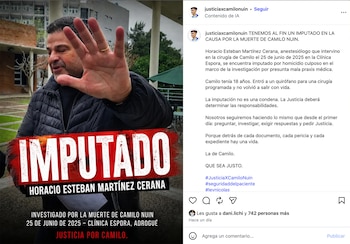 Una captura de pantalla de redes sociales con la fotografía de un hombre cubriendo la cámara con su mano y texto referente a una imputación judicial