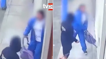 Imagen borrosa de cámara de seguridad dividida en dos paneles. Una persona con ropa oscura y otra con ropa azul forcejean en la calle. Logotipo de tvp