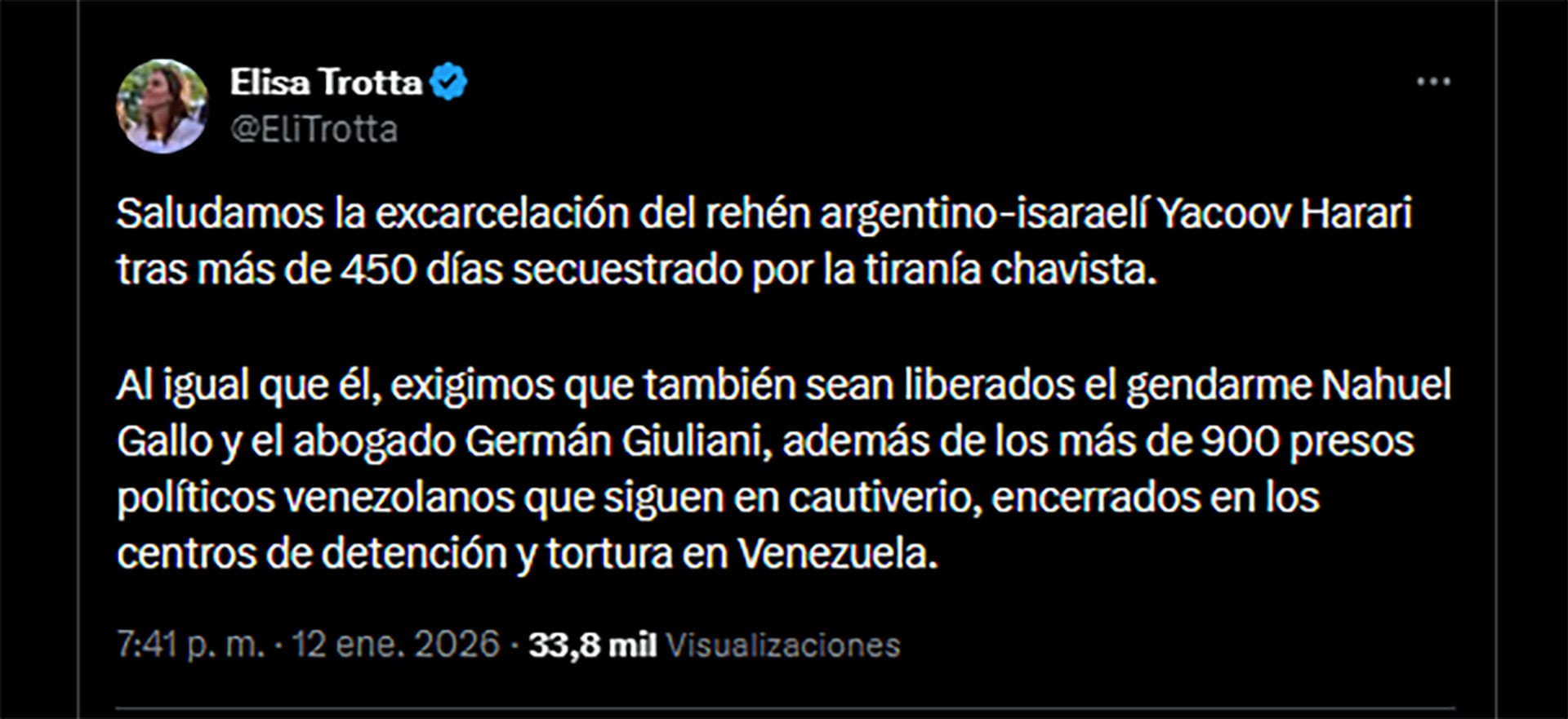 Una de las repercusiones en X de la liberación de Harary, en este caso de Elisa Trotta, la exembajadora de Venezuela en Argentina