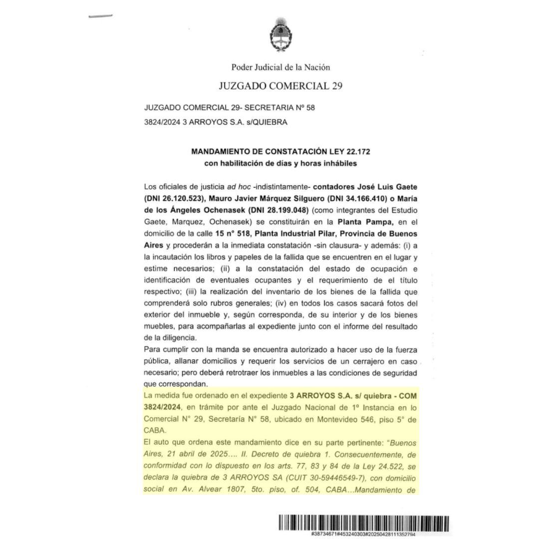 documentos que prueban la quiebra de 3 Arroyos, otra de las empresas del Clan García Furfaro