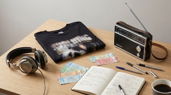 Bodegón cenital de auriculares, una camiseta negra de banda, entradas de concierto, un cuaderno abierto con notas, bolígrafos y una radio vintage sobre una mesa de madera.