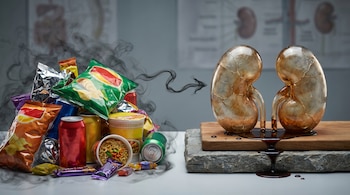 Una pila de alimentos ultraprocesados y bebidas gaseosas humeantes a la izquierda. A la derecha, dos riñones de cristal fracturados goteando, conectados por humo.
