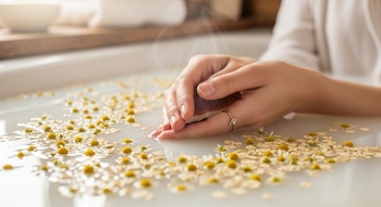 Primer plano de manos femeninas en un recipiente blanco con agua lechosa. Copos de avena y pequeñas flores de manzanilla flotan en la superficie.