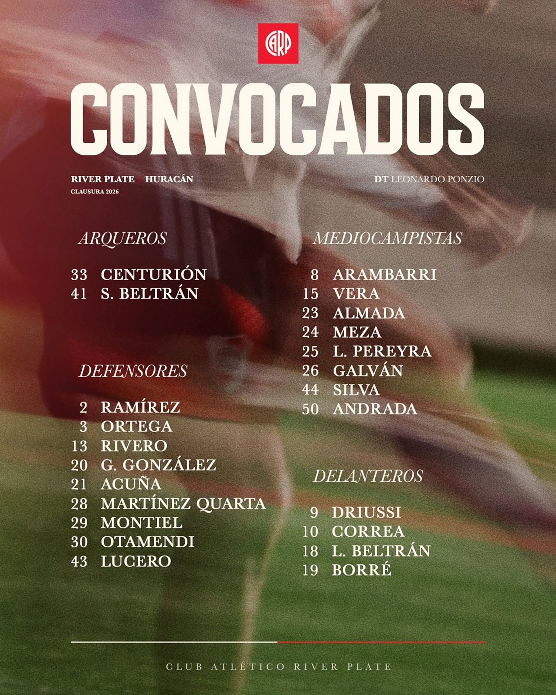 El Club Atlético River Plate presenta la lista de jugadores convocados por el director técnico Leonardo Ponzio para el partido frente a Huracán en el Torneo Clausura 2026.