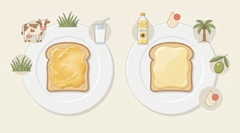 Ilustración de dos tostadas. La izquierda con manteca, con íconos de vaca, pasto y leche. La derecha con margarina, con íconos de girasol, palma y aceituna.