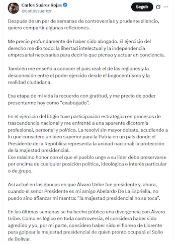 El estratega digital afirmó que es fundamental trabajar de manera conjunta en pro del avance del país - crédito @carlossuarezr/X